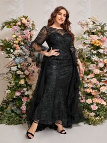 SHEIN Belle Plus Layered Sleeve Embroidery Mesh Dress - Black - View 3
