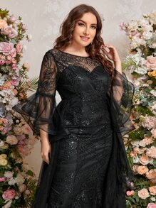 SHEIN Belle Plus Layered Sleeve Embroidery Mesh Dress - Black - View 5