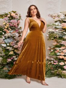 SHEIN Belle Váy phù dâu Plus Lộ Lưng Dây kéo màu trơn Hấp dẫn - màu nâu - Xem 1