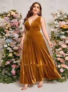 SHEIN Belle Váy phù dâu Plus Lộ Lưng Dây kéo màu trơn Hấp dẫn - màu nâu - Xem 3