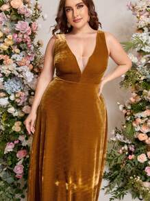 SHEIN Belle Váy phù dâu Plus Lộ Lưng Dây kéo màu trơn Hấp dẫn - màu nâu - Xem 4