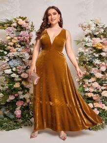 SHEIN Belle Váy phù dâu Plus Lộ Lưng Dây kéo màu trơn Hấp dẫn - màu nâu - Xem 5