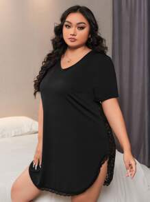 Plus Lace Insert Pajama Nightdress Without Panty - Black - View 3