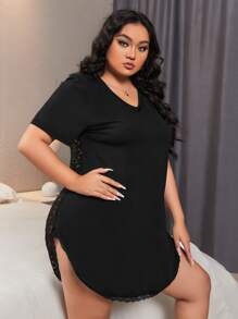 Plus Lace Insert Pajama Nightdress Without Panty - Black - View 2
