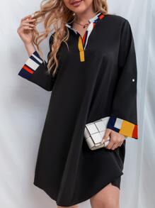 SHEIN LUNE Plus Contrast Trim Roll Tab Sleeve Notched Neck Dress - Black - View 1