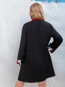 SHEIN LUNE Plus Contrast Trim Roll Tab Sleeve Notched Neck Dress - Black - View 2