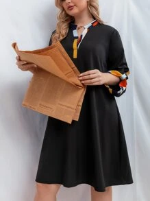 SHEIN LUNE Plus Contrast Trim Roll Tab Sleeve Notched Neck Dress - Black - View 5