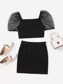SHEIN Teen Girls Contrast Mesh Sleeve Tee & Skirt Set - Black - View 1