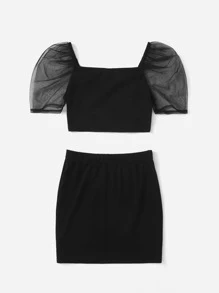 SHEIN Teen Girls Contrast Mesh Sleeve Tee & Skirt Set - Black - View 2