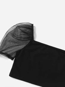 SHEIN Teen Girls Contrast Mesh Sleeve Tee & Skirt Set - Black - View 4