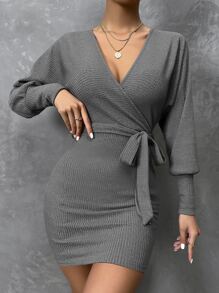 Đầm Thắt lưng Trọn gói màu trơn Thanh lịch - Xám - Xem 1