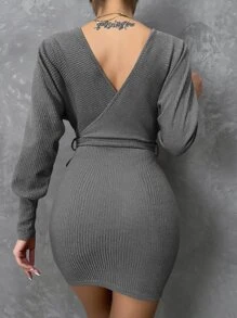 Đầm Thắt lưng Trọn gói màu trơn Thanh lịch - Xám - Xem 2