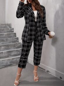 SHEIN Clasi Plus Plaid Button Front Blazer & Trousers - Black - View 1
