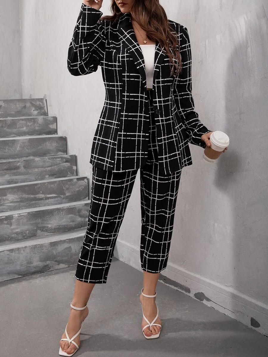 SHEIN Clasi Plus Plaid Button Front Blazer & Trousers - Black - View 1