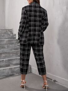 SHEIN Clasi Plus Plaid Button Front Blazer & Trousers - Black - View 2
