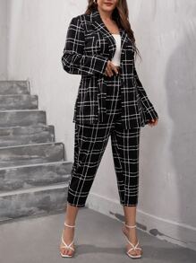 SHEIN Clasi Plus Plaid Button Front Blazer & Trousers - Black - View 3