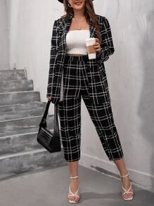 SHEIN Clasi Plus Plaid Button Front Blazer & Trousers - Black - View 4