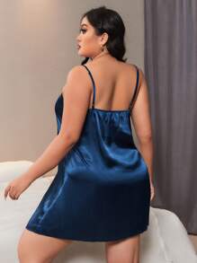 Plus Lace Insert Satin Cami Nightdress - Navy Blue - View 2