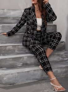 SHEIN Clasi Plus Plaid Button Front Blazer & Trousers - Black - View 5