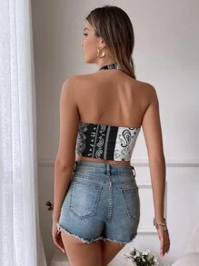 SHEIN Two Tone Paisley Knotted Halter Crop Top - Black and White - View 2