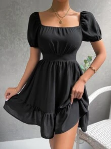 Vestido de cuello cuadrado de manga farol - Negro - Ver 1