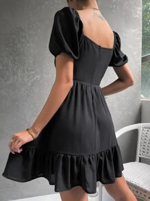 Vestido de cuello cuadrado de manga farol - Negro - Ver 2