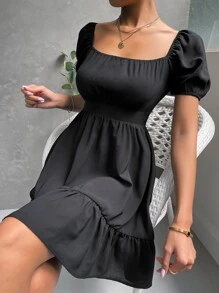 Vestido de cuello cuadrado de manga farol - Negro - Ver 3