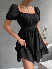 Vestido de cuello cuadrado de manga farol - Negro - Ver 4