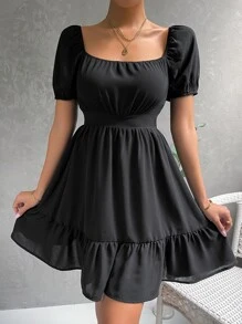 Vestido de cuello cuadrado de manga farol - Negro - Ver 5