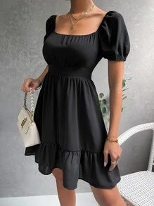 Vestido de cuello cuadrado de manga farol - Negro - Ver 6