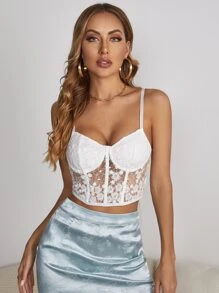 SHEIN SXY 露背蕾絲印花吊帶短上衣 - 白色 - 查看 4