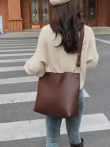 極簡風格圓形扣環水桶包 - 棕色 - 查看 1