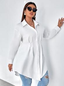 Calvaya Plus Plicated Detail Drop Shoulder Shirt - White - View 1