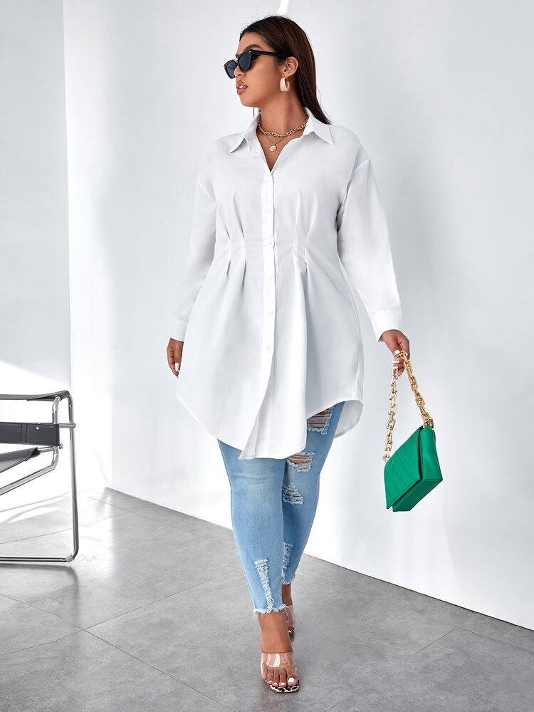 Calvaya Plus Plicated Detail Drop Shoulder Shirt - White - View 4