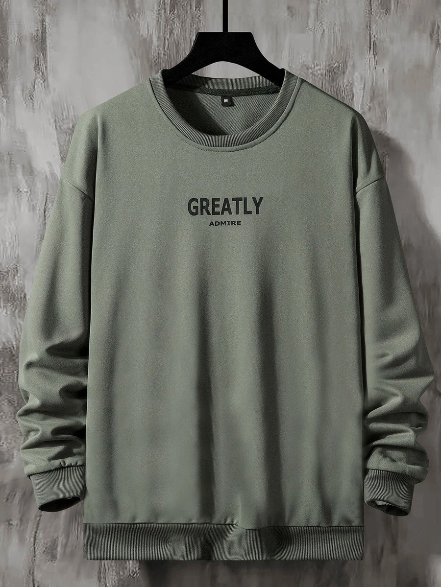 Manfinity Men Letter Graphic Drop Shoulder Pullover - Army Green - View 1