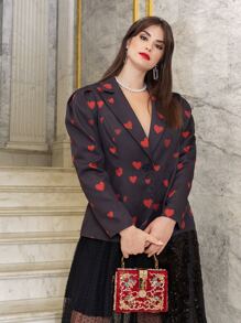 SHEIN Plus Notched Collar Puff Sleeve Heart Print Blazer - Purple - View 1