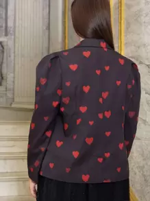 SHEIN Plus Notched Collar Puff Sleeve Heart Print Blazer - Purple - View 2