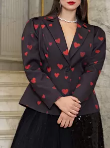 SHEIN Plus Notched Collar Puff Sleeve Heart Print Blazer - Purple - View 3