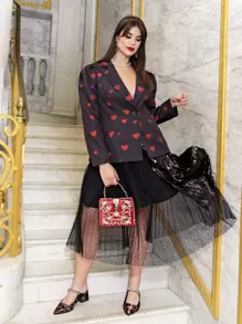 SHEIN Plus Notched Collar Puff Sleeve Heart Print Blazer - Purple - View 5