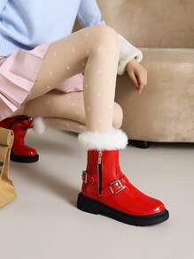 Botas con diseño con hebilla con cremallera lateral de peluche - Rojo - Ver 4