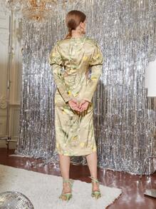 Alexandra Trujillo 檸檬圖案腰部鏤空羊腿袖緞面連衣裙 - 彩色 - 查看 2