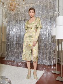 Alexandra Trujillo 檸檬圖案腰部鏤空羊腿袖緞面連衣裙 - 彩色 - 查看 5