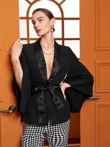 TIYA Flounce Sleeve Belted Blazer - Black - View 1