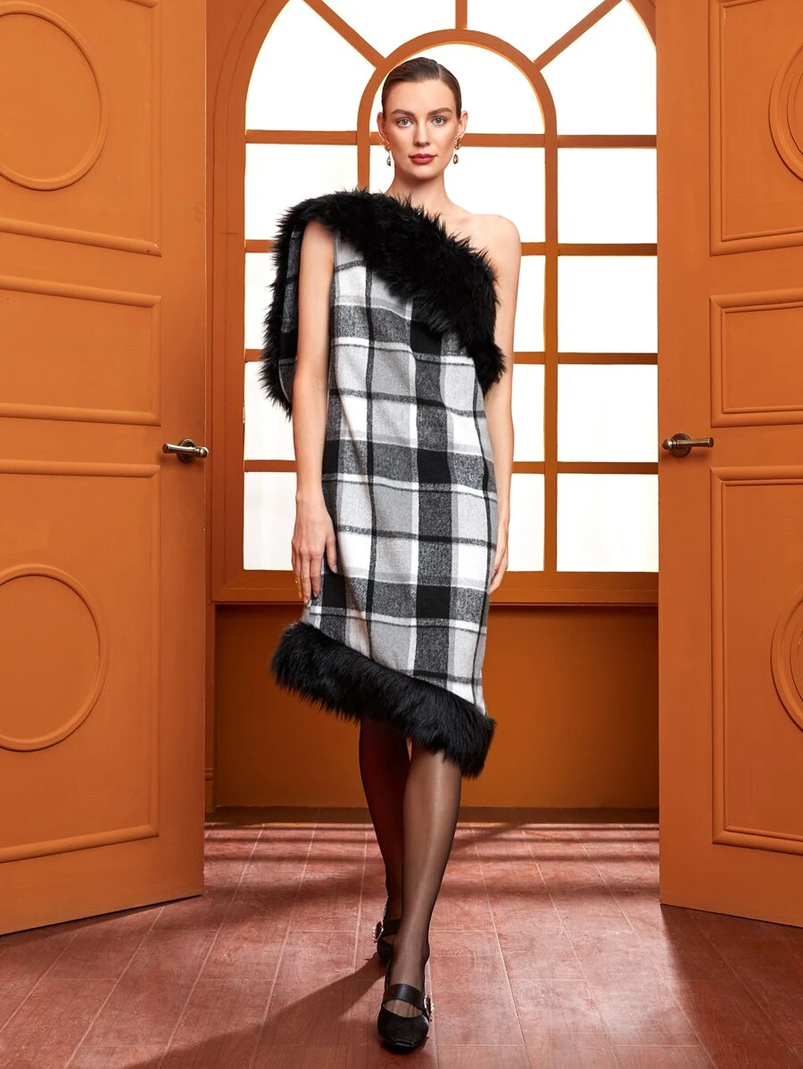 MADHAWI One Shoulder Fuzzy Trim Tweed Hooded Dress - Multicolor - View 1