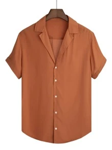 Manfinity Homme Hombres Camisa de cuello con solapa bajo curvo - Naranja Quemada - Ver 1