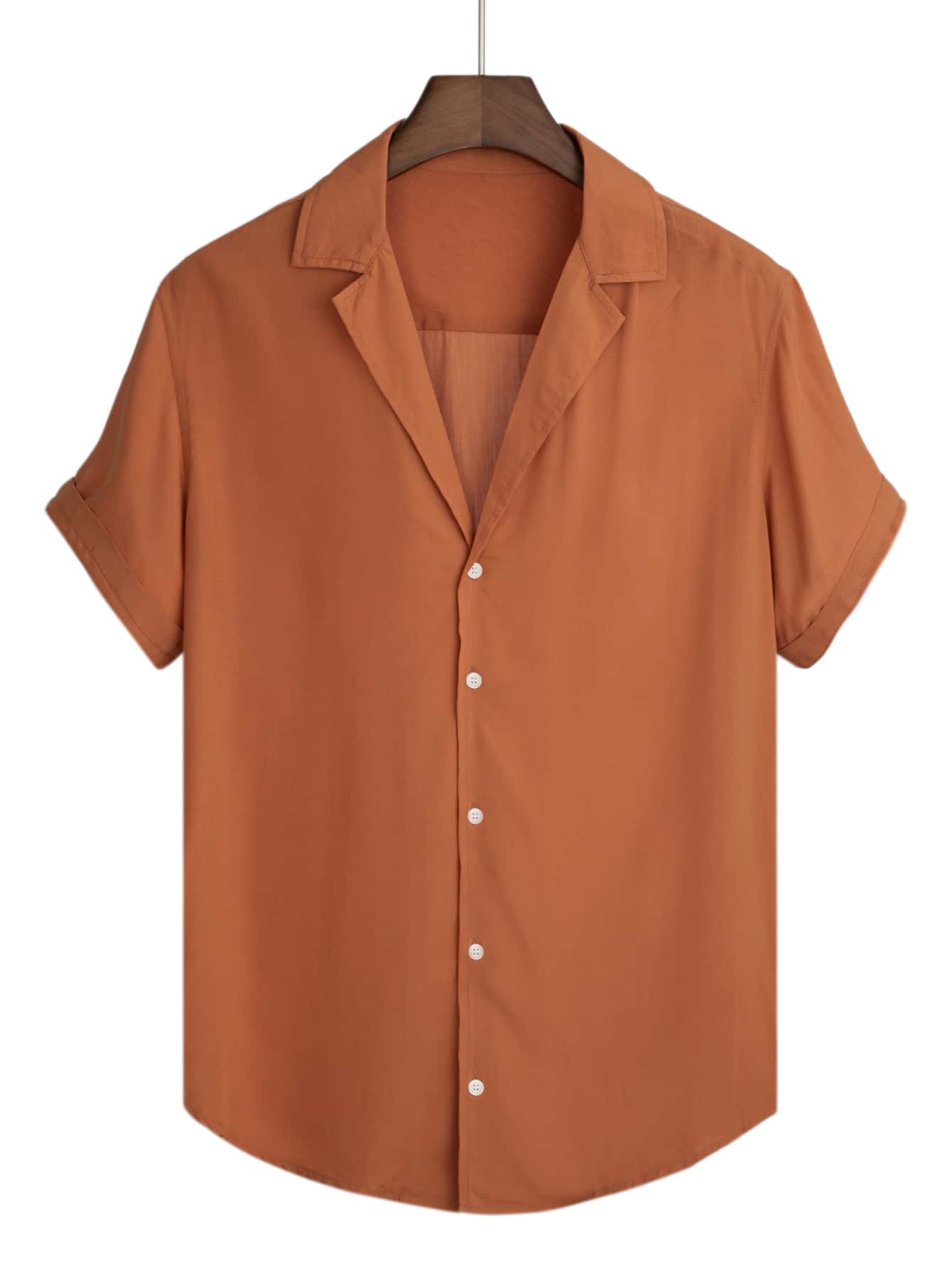 Manfinity Homme Hombres Camisa de cuello con solapa bajo curvo - Naranja Quemada - Ver 1