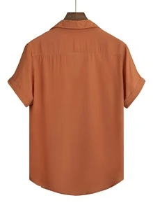 Manfinity Homme Hombres Camisa de cuello con solapa bajo curvo - Naranja Quemada - Ver 2