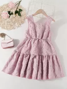 SHEIN 女孩花卉圖案提花前蝴蝶結荷葉邊連衣裙 - 藕粉色 - 查看 2