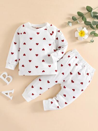 嬰兒愛心圖案插肩袖衛衣和衛褲