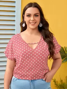 SHEIN LUNE Plus Cut Out Front Polka Dot Top - Dusty Pink - View 1